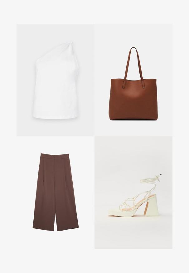 Weißes Baumwolltanktop mit einem einseitigen Schulterdesign und einem geknoteten Akzent. Glatte Textur und minimalistischer Stil.; Braune Weite-Leg-Hosen mit einer glatten Textur, hoher Taille und Vorderfalten. Der Stoff ist leicht und fällt locker.; Weiße High-Heel-Sandale mit einem klobigen Absatz, die über ein Riemchendesign und ein Knöchelband verfügt. Glatte Textur mit einer Plattform vorne für zusätzliche Höhe.; Braune Leder-Tote mit glatter Textur, offenem Oberteil und zwei Schulterriemen. Verfügt über minimale Nähte und keine sichtbaren Beschläge.