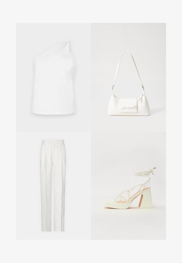 Balta kokvilnas bezpiedurkņu blūze ar vienu plecu dizainu, kas satur sasietu akcentu. Gluda tekstūra un minimālistisks stils.; Baltas svītrainas bikses ar taisnu kāju dizainu, izgatavotas no viegla auduma. Priekšpusē ir bārkstis un tradicionālā josta.; Baltas augstpapēžu sandales ar masīvu papēdi, ar siksnu dizainu un potītes saistītiem elementiem. Gluda tekstūra ar platformu priekšpusē, lai nodrošinātu papildu augstumu.; Balta sintētiska soma ar trīsstūrveida formu, plakanu priekšējo vāciņu un loku detaļu, regulējamu siksnu, gludu tekstūru un minimālistisku dizainu.