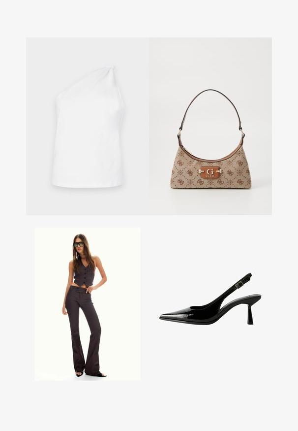White cotton tank top with a single shoulder design, featuring a knotted accent. Smooth texture and minimalistic style.; Brown pinstriped cropped vest and flared pants, featuring buttons and a textured fabric. Black open-toed shoes and oversized sunglasses.; Black patent leather slingback pump with a pointed toe, cutout sides, adjustable ankle strap, and a thin, sleek heel.; Tote bag in beige fabric with brown patterned accents. Features a curved shape, single strap, and a logo plaque in front with silver hardware.