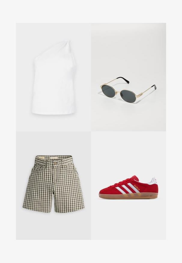 Valge puuvillane tank top, millel on ühe õla disain koos sõlmega aksessuaari. Sile tekstuur ja minimalistlik stiil.; Pruun ja valge ruuduline lühike püksid, millel on nööpkinnitus, kaks eesmist taskut ja mugav lõige. Valmistatud kootud kangast, millel on sile tekstuur.; Punane sametist tennisekes, millel on valge kolmestriibuline disain ja kuldne "Gazelle" tekst. Varustatud kummist tallaga ja tekstureeritud kontsaga.; Kuldmetallilised prillid ovaalsete läätsega ja tumeda tooniga läätsed. Mustad atsetaatkatted käeotsades. Brändi nimi "QUAY" küljes.