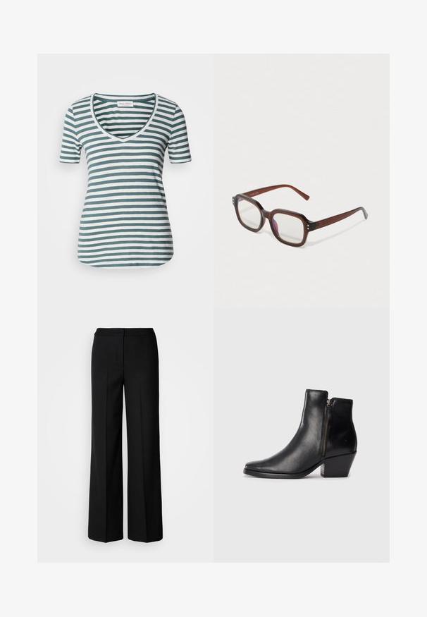 Svītrota t-kreklu ar V-veida kakla izgriezumu, īsām piedurknēm, izgatavota no maiga auduma ar tīrkultūru un baltām horizontālām svītrām, noapaļots apakšmalā.; Melni plati bikses ar gludu audumu, piedāvājot augstu jostasvietu, pielāgotas šuves un minimālistisku dizainu. Nav redzamu piederumu vai kabatu.; Melna ādas potītes zābaciņš ar smailu purngalu, sānu rāvējslēdzēju un masīlu papēdi. Gluda tekstūra un minimālistisks dizains.; Brūni caurspīdīgi taisnstūrveida briļļu rāmis ar caurspīdīgiem lēcām, ar vieglu violetu atspulgu un maziem zeltītu dekoriem priekšējās stūrītēs.; Sudraba gredzena auskari ar gludu, pulētu apdari. Apaļa forma ar nedaudz izliekta dizaina un sajauktām malām. Ar tapu aizdari.