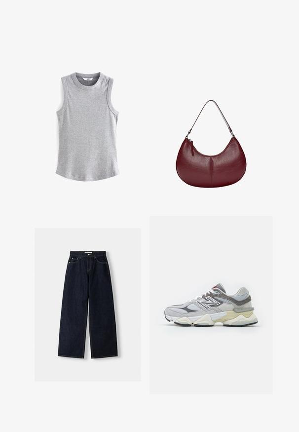 Next RACER STANDARD - Linne - grey marl; Brun och vit rutig skjorta med krage, långa ärmar och knäppning framtill. Har ett rutmönster med varierande randbredd och textur.; Mörkblå denim med vida ben och hög midja, fem fickor, kontrastsömmar och silverfärgad metalldetaljer. Slät textur och ren finish.; Grå mocka- och meshsneaker med en tjock vit och beige sula, med en framträdande vit logotyp och röda detaljer.; Burgundy läderhandväska med en böjd form. Har en enkel axelrem och ett toppdragkedja, med en slät, texturerad yta.