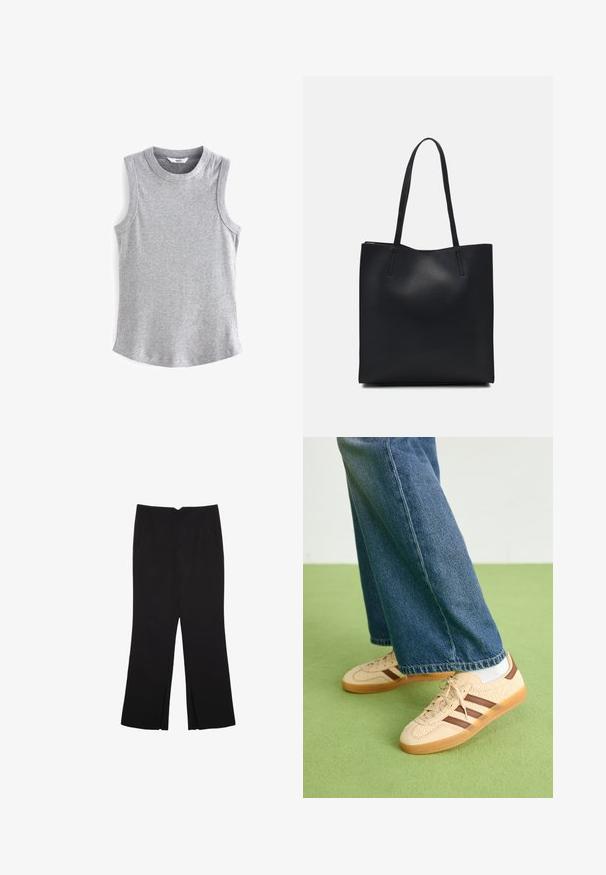 Next RACER STANDARD - Top - grey marl; Schwarze Hose mit geradem Schnitt, ausgestattet mit Fronttaschen und Seitenschlitzen am Saum. Hergestellt aus weichem, glattem Stoff. Geeignet für verschiedene Anlässe.; Beige Sneakers mit strukturierten cremefarbenen Paneelen und braunen Streifen, kombiniert mit blauen Jeans. Die Jeans haben einen weiten Beinschnitt und einen fransigen Saum.; Schwarze Laptoptasche aus Leder mit glatter Textur, rechteckiger Form und zwei langen Griffen. Keine sichtbaren Beschläge oder Verzierungen.