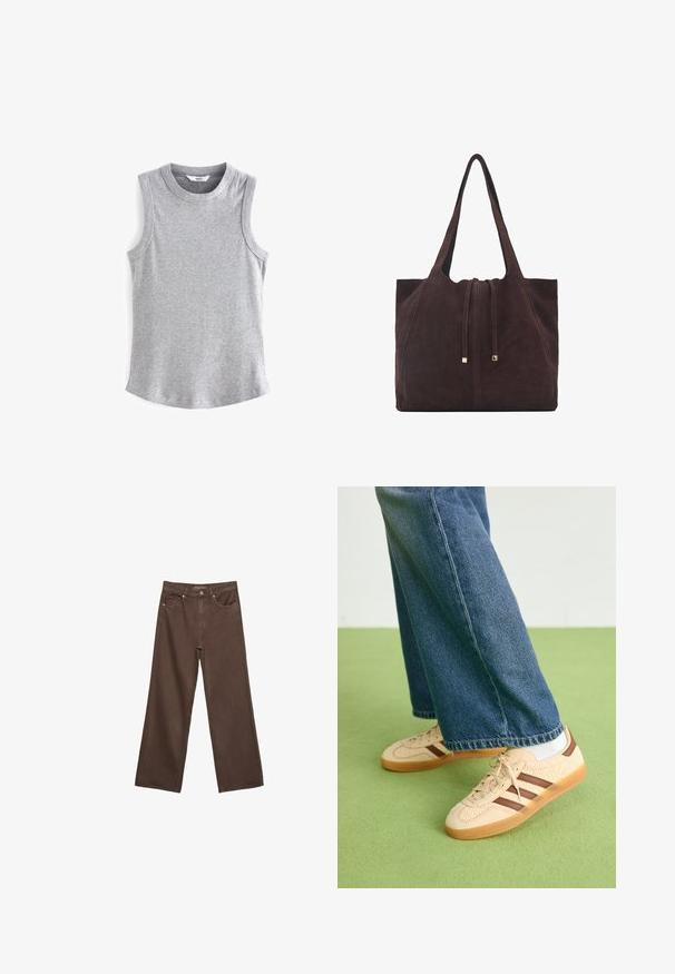 Next RACER STANDARD - Top - grey marl; Široke rjave kavbojke iz denima, ki imajo visok pas, sprednje žepe in klasično zapiranje na gumb. Gladka tekstura s subtilnim šivom.; Bež teniske z teksturiranimi kremnimi paneli in rjavimi črtami, v kombinaciji z modrimi kavbojkami. Kavbojke imajo široke hlačnice in raztrgan rob.; Mango Torba za nakupovanje - dark brown