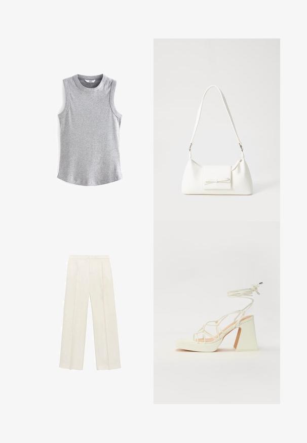 Next RACER STANDARD - Top - grey marl; Hlače širokog kroja u svijetloj krem boji. Izrađene su od glatkog materijala s plisama sprijeda i bočnim džepovima.; Bijela sandala na visokoj potpetici s debelim petom, s remenom i vezanjem oko gležnja. Glatka tekstura s platformom sprijeda za dodatnu visinu.; Bijela sintetička torbica s trokutastim oblikom, ravnim prednjim poklopcem i detaljem u obliku mašne, podesivom remenom, glatkom teksturom i minimalističkim dizajnom.