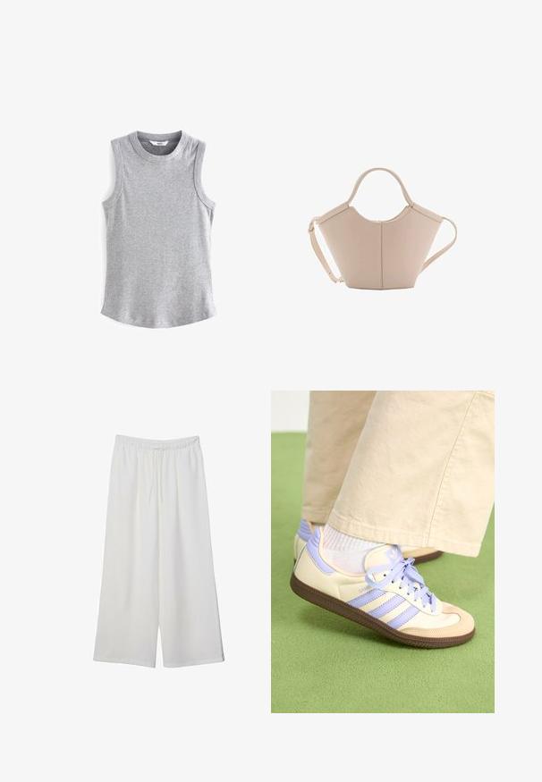 Next RACER STANDARD - Toppi - grey marl; Valkoiset leveälahkeiset housut, jotka on valmistettu kevyestä kankaasta. Niissä on joustava vyötärö ja nauha säädettävää istuvuutta varten. Sileä pinta.; Kermasilta ja laventelilta näyttävät lenkkarit kolmella raidalla ja teksturoidulla ruskealla pohjalla, varustettuna nauhoilla ja pehmustetulla kantapäällä. Pehmeä kangaspinta.; Vaaleanbeige nahkainen käsilaukku, jossa on ainutlaatuinen muoto, varustettuna kahdella lyhyellä kahvalla ja yhdellä pitkällä säädettävällä hihnalla. Sujuva pinta ja vähän metalliosia.