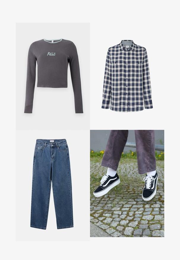 Siva dolgi rokav krojenih vrh z ribasto teksturo, z svetlo modrim ovratnikom in stranskimi akcenti, ter izvezenim logotipom na prsih.; Karirana flanelasta srajca v mornarsko modri, beli in rdeči barvi. Dolgi rokavi, gumbasta zapenjanja, dva žepa na prsih ter subtilen logotip na robu.; Klasične modre jeans hlače s ravnim krojem, petimi žepi in gumbom za zapiranje. Imajo srednje pranje in trdno teksturo.; Črne semiš teniske z belimi akcenti, s krožno prstom, debelim belim podplatom in klasičnim vezanjem, nošene z belimi nogavicami in vijoličnimi hlačami.