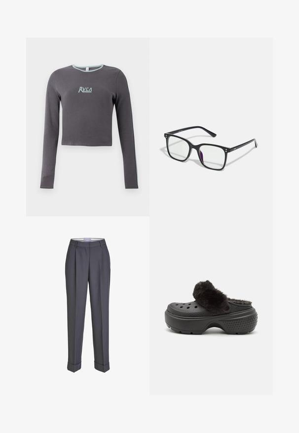 Bluză gri cu mânecă lungă, scurtă, dintr-un material cu textură striată, având un decolteu și accente laterale de culoare albastră deschisă, precum și un logo brodat pe piept.; Pantaloni tăiați de culoare gri închis, cu un design cu picioare drepte, față pliată și manșete răsucite. Construiți dintr-un material neted, cu un talie clasică.; Saboti negri cu un bandă superioară moale și pufoasă, având perforații în partea din față și un toc texturat pentru aderență. Design ușor și ușor de încălțat.; Ochelari rectangulari negri cu lentile claire, având accente aurii pe ramă și o ușoară nuanță de purpuriu pe o lentilă.; Geantă de mână din piele burgundă cu cataramă aurie, formă structurată, mânere superioare și curea de umăr reglabilă. Modelul poartă o jachetă din denim.