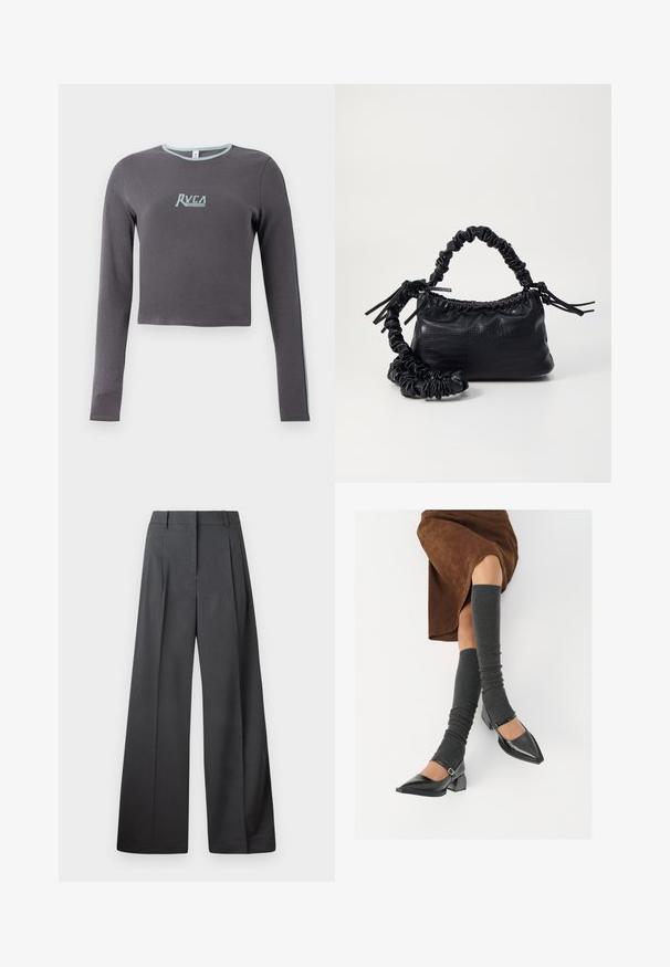 Hall toimev hiirimisega tumehall pikade varrukatega lühikese kujuga pluus, millel on soonik tekstuur, helesinise dekoltee ja küljeaktsentidega ning tikitud logo rinnas.; Tumesed püksid tumesinises kangas, kõrge vöökoht, üks voldik ning sile struktuur puhaste ääristega.; Mustad patsaline odav värviga kingad, millel on kreen ja pahkluuring, on paaritatud hallide ribakudumitega sääremiidega ja pruunist nahast seelikuga.; Must must sünteetilisest nahast käekott, millel on krokodillimuster, kokku tõmmatav ülaosa ja kortsus rihm. Tundub pehme ja kompaktne disain.