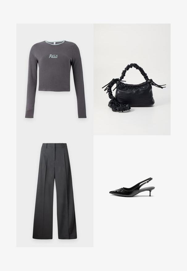 Grijze langermige cropped top met een ribbeltextuur, voorzien van een lichtblauwe neklijn en zijaccenten, en een geborduurd logo op de borst.; Wijde broek in donkergrijze stof, met een hoge taille, enkele plooien en een gladde textuur met een nette afwerking aan de zoom.; Zwarte leren slingback hakken met een spitse neus, kleine kittenhak en een decoratieve knoopdetail aan de voorkant. Smooth textuur overal.; Zwarte nepleer handtas met een krokodillenstructuur, opgedroogde bovenkant en een gekreukte hengsel. Het lijkt zacht en compact van ontwerp.