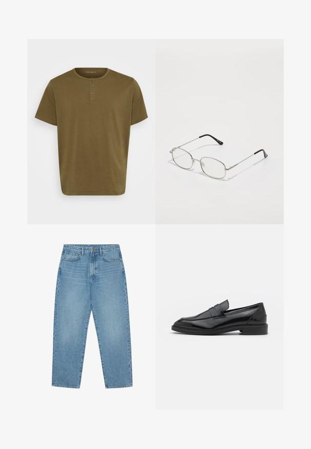 Olivroheline T-särk ümmarguse kaelusega, lühikeste varrukatega ja kolme nupuga. Valmistatud pehmest puuvillakangast, millel on sile tekstuur.; Heledad tumesinised lai jalgadega teksad kõrge vöökohtaga, millel on viis taskut, vöökohad ja pehme, kergelt pleekinud tekstuur.; Mustad nahast loafers, millel on sile viimistlus, ümar varvas ja kitsas riba peal. Madal kühveldatud konts.; Metallraamidega prillid, ovaalse raamiga, hõbedaste äärtega ja selgete läätsedega. Õhukesed, sirged käepidemed mustade otstega, minimalistlik disain.