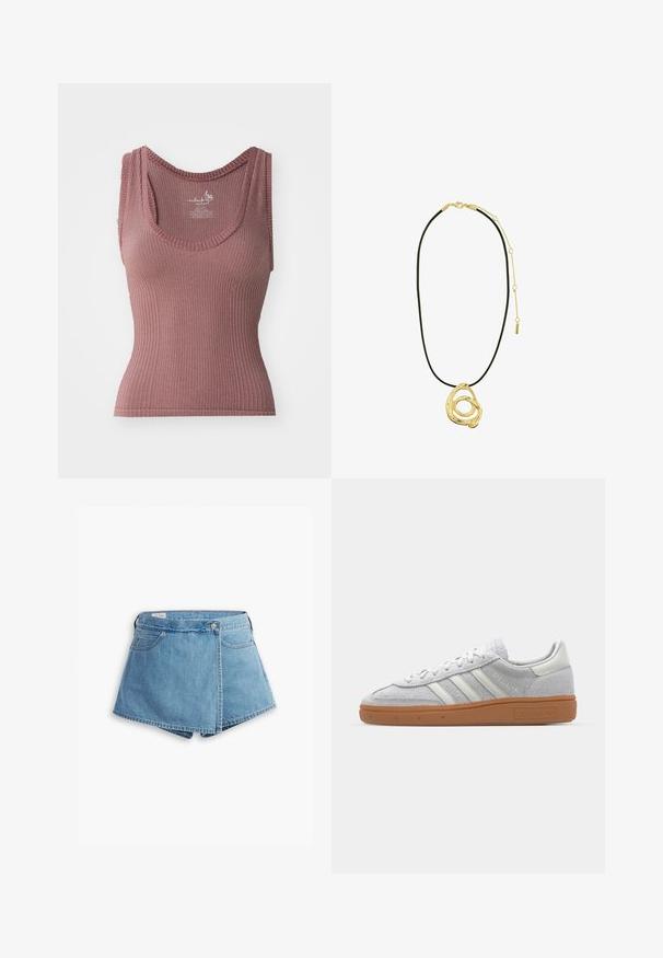 Ribbed tankki t-paita syvän punaisena, jossa on U-mallinen kaula-aukko, leveät hihnat ja kapea siluetti. Valmistettu joustavasta, teksturoidusta kankaasta.; Vaaleansiniset farkkushortsit, joissa on vyötäröltä kietoutuva muotoilu, etutaskut ja metallinappikiinnitys. Tasainen pinta, jossa on ommellut reunat.; Vaaleanharmaat mokkanahkakengät, joissa on valkoiset nahkaosat, kolme valkoista raitaa ja ruskea kumipohja, ja joissa on pehmustettu varsi mukavuutta varten.; Pilgrim UNFOLD - Kaulakoru - gold