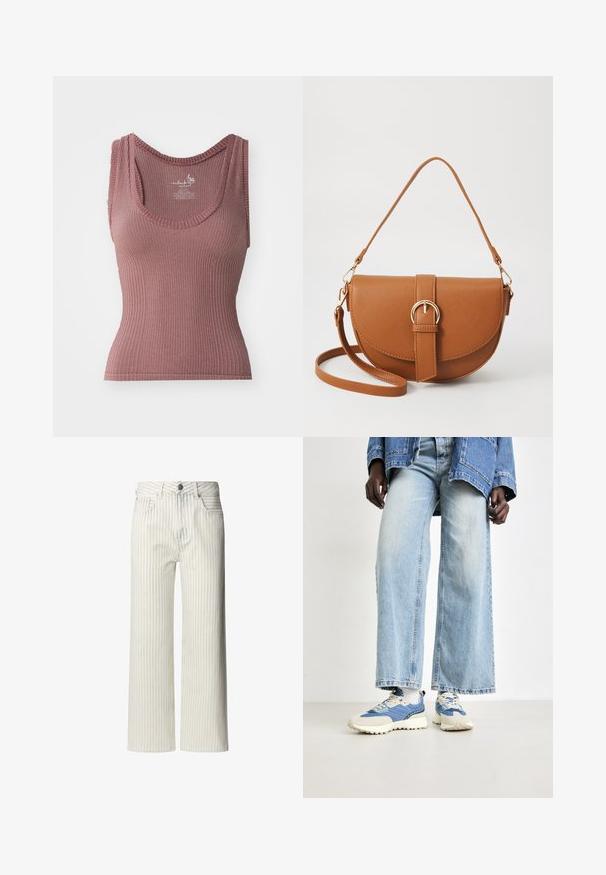 Juoda marškinėliai su raukšlėmis, tamsiai raudonos spalvos, su U formos iškirpte, platesnėmis petnešomis ir prigludusia siluetu. Pagamintas iš elastingos, tekstūruotos medžiagos.; Šviesios spalvos plataus kirpimo kelnės su vertikaliomis juostelėmis, pagamintos iš medvilnės. Turi sagos juosmenį ir dirželių kilpas.; Mėlynų džinsų plačių kojų kelnės, derinamos su mėlynais ir kremiškai baltais sportbačiais, turinčiais tekstūruotą audinį ir raištelius, prieš neutralų foną.; Ruda odinė kryžminė rankinė, turinti kreivą formą, auksinius metalinius elementus ir sagtį. Yra nuimama petneša.