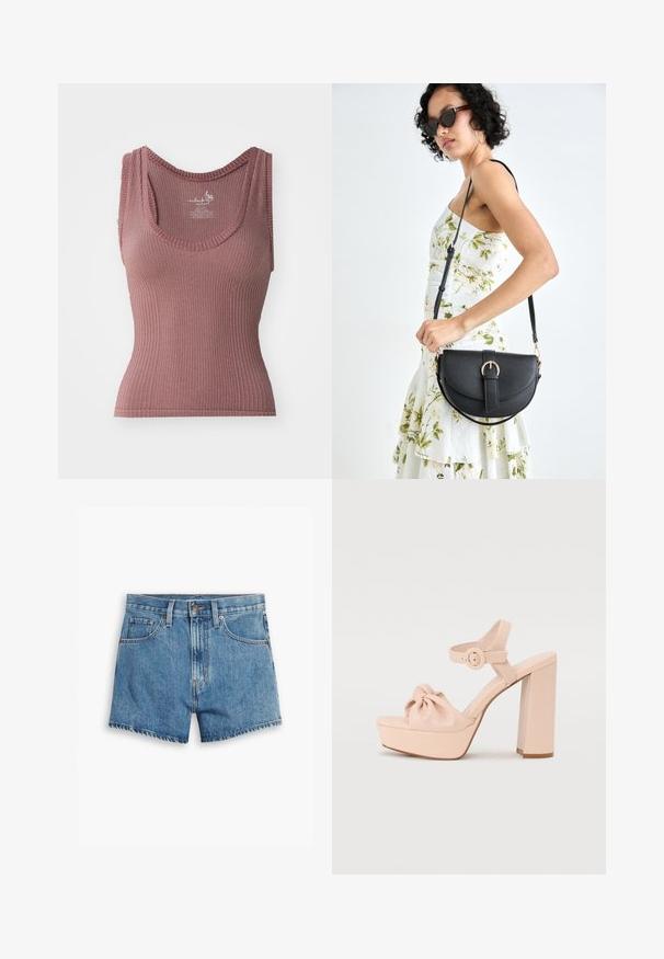 Rebrastani top v globoko rdeči barvi, s U-izrezom, širokimi naramnicami in prileganjem. Narejen iz raztegljivega, teksturiranega materiala.; Jeans kratke hlače v svetlo modri barvi, z povezavami za pet žepov, zadrgo in gumbom. Rob je razfrcan, oblikovane so v sproščenem kroju.; Nude platform sandale z zgornjim delom v vozlih, odprto konico, zapenjalka ob gležnju in debelim blokastim peto, narejene iz gladkega sintetičnega materiala.; Črna usnjena torbica s ukrivljeno obliko, z odstranljivo naramnico in zlatimi dodatki. Torbica ima pokrov s podrobnostmi v obliki zaponke.