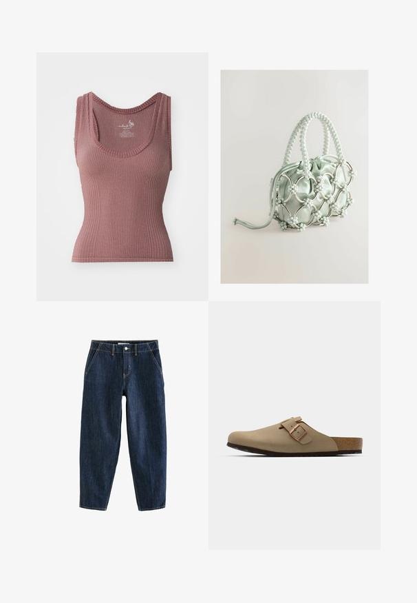 Rózsaszinű bordázott trikó, U-kivágással, széles pántokkal és testhez simuló szabással. Rugalmasságot biztosító, strukturált anyagból készült.; Sötétkék farmernadrág laza szabással, öt zsebbel, övbújtatókkal és kontrasztos sárga varrással. Tiszta, textúrált anyag.; Beige szandálok lekerekített orral, állítható csattal és parafa talppal. Texturált felület fekete gumitalppal a tapadásért.; Next Kézitáska - blue