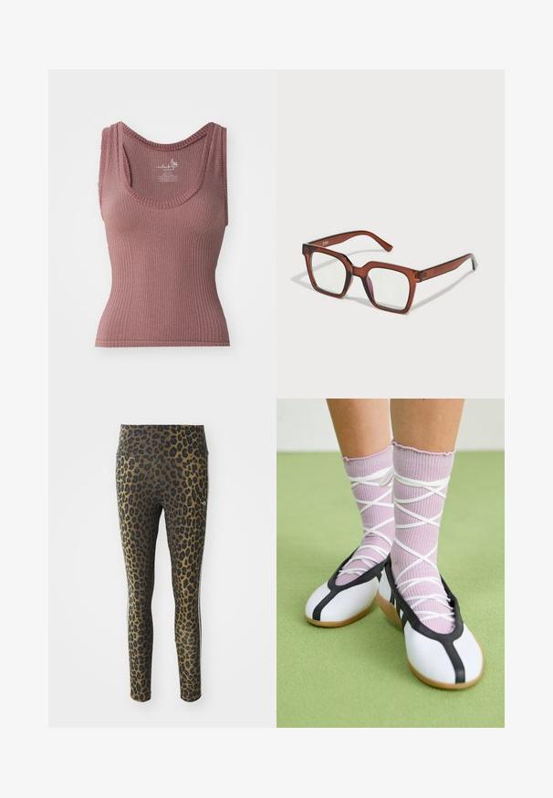 Rózsaszinű bordázott trikó, U-kivágással, széles pántokkal és testhez simuló szabással. Rugalmasságot biztosító, strukturált anyagból készült.; Leopárdmintás leggings magas derékkal, rugalmas anyaggal és fekete kiegészítőkkel, világosbarna alapon, a kényelem és a megfelelő illeszkedés érdekében tervezve.; Fehér lapos cipők fekete díszítéssel és talppal, világos lila bordázott zoknikkal, fehér keresztszalagokkal. Zöld háttér előtt.; Barna, túlméretes, téglalap alakú szemüveg, átlátszó lencsékkel, a jobb lencsén enyhe rózsaszín árnyalattal. Műanyag keret sima felülettel.