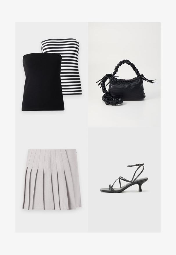 Kaks rihmata toppi: üks täiesti must, teine horisontaalsete mustade ja valgete triipudega. Mõlemad on valmistatud siledast kangaist, näidates lihtsaid ja klassikalisi kujundusi.; Hallgray plekilise seelik sujuva tekstuuriga, millel on mitu vertikaalset voldikest ja sobiv talje. Valmistatud kerge kangaga.; Mustad mustad sandaalid õhukeste rihmadega, avatud varba kujundusega ja väikese rippuva kontsaga. Materjal näeb välja siledana ja läikivana.; Must must sünteetilisest nahast käekott, millel on krokodillimuster, kokku tõmmatav ülaosa ja kortsus rihm. Tundub pehme ja kompaktne disain.