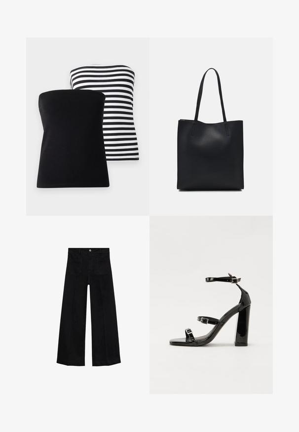 Dva topy bez ramienok: jeden jednofarebný čierny, druhý so horizontálnymi čierno-bielymi pruhmi. Obe sú vyrobené z hladkej látky a predvádzajú jednoduché, klasické dizajny.; Široké čierne džínsy s vysokým pásom, prednými vreckami, pútkami na opasok a zapínaním na gombík.; Čierne lakované sandále na podpätku so štvorcovou špičkou, navlečenými remienkami okolo členku a striebornými prackami. Disponujú masívnym blokovým podpätkom pre stabilitu.; Čierna kožená taška na rameno s hladkým povrchom, obdĺžnikovým tvarom a dvoma dlhými uchami. Bez viditeľného kovania alebo ozdôb.
