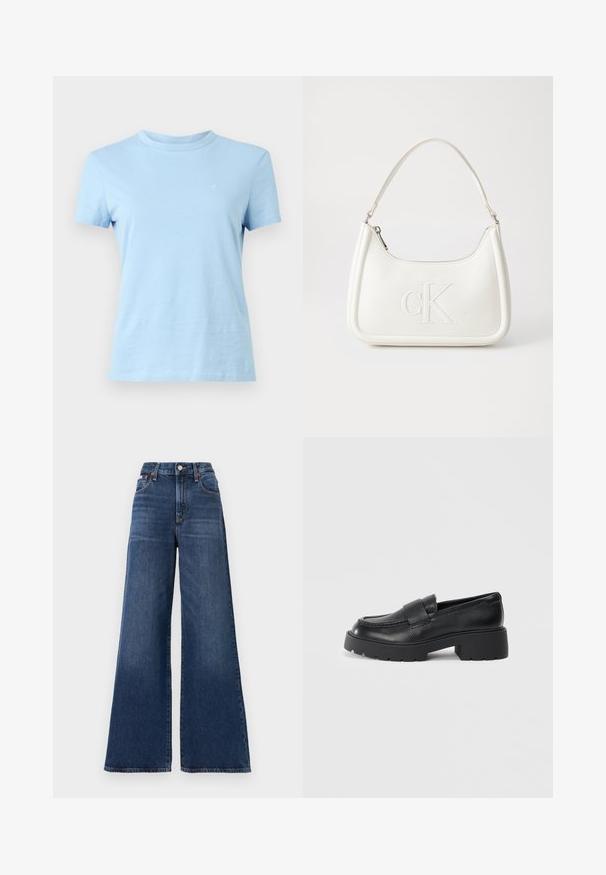 Világoskék pamut póló kerek nyakkal, rövid ujjakkal és egy kis logóval a mellkason. Puha tapintású, laza fazon.; Magasan derekú, bő szárú farmernadrág sötétkék denim anyagból, gombos záródással, öt zsebbel és enyhe kopással a comboknál.; Fekete bőr loaferek, textúrált felülettel, a lábfejen egy téglalap alakú pánttal és vastag, barázdált talpformával.; Fehér bőrtáska ívelt formájú, elöl feltűnő "CK" logóval, egyetlen vállpánttal. Cipzáras zárás a tetején.