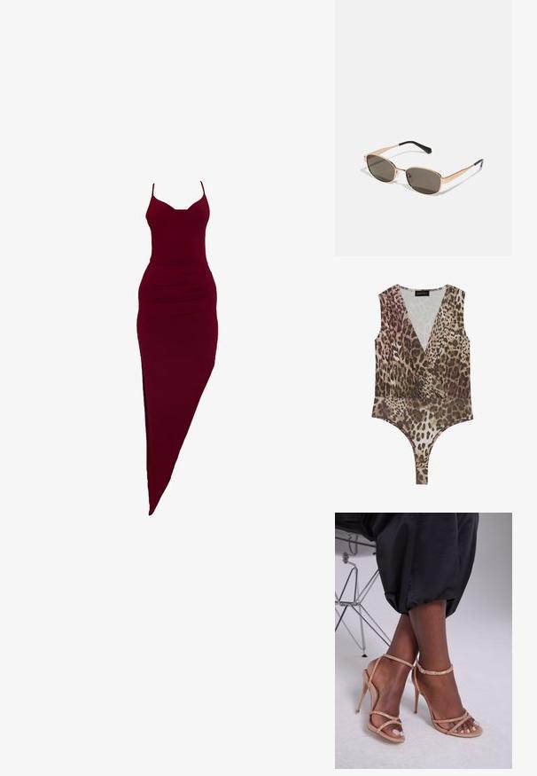 Leopard print bodysuit featuring a deep V-neck, sleeveless design, gathered waist, and a high-cut bottom in shades of brown and beige.; Burgundy fitted dress with spaghetti straps, featuring a side slit and ruched detailing at the waist, made of stretchy fabric.; Beige heeled sandals with crystal embellishments, featuring an open toe, thin straps, and a sleek silhouette.; Rectangular sunglasses with a gold metallic frame and dark lenses. Accented by slender black arms, showcasing a minimalistic design.; Michael Kors wristlet in beige coated canvas featuring a repeating MK logo pattern, gold hardware, and a detachable chain strap.; Gold metallic earrings with a wavy design; smooth, reflective surface; asymmetric shape; no visible patterns or hardware.