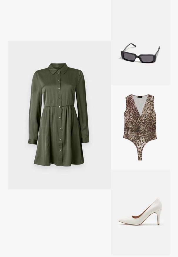 Leopardmønstret bodysuit med dyb V-udskæring, ærmeløs design, indsnævret talje og højskåret bund i nuancer af brun og beige.; Langermet olivengrønn skjorte-kjole med innsvingt midje og krage, lett utsvingt skjørt og mannskap med mansjetter.; Hvit patentlær høyhælte sko med spiss tå og en glatt overflate, med en slank hæl og en lav utskjæring rundt åpningen.; Sorte solbriller med rektangulært ramme, mørke linser og glatt, blank overflate. Har tynne stenger med diskret merking på siden.; Michael Kors håndleddsveske i beige belagt kanvas med et gjentakende MK-logo mønster, gullfarget maskinvare og en avtakbar kjede-rem.