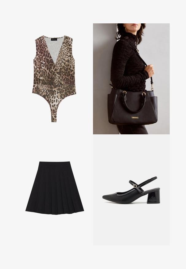 Leopardmønstret bodysuit med dyb V-udskæring, ærmeløs design, indsnævret talje og højskåret bund i nuancer af brun og beige.; Svart plisserte skjørt laget av teksturert stoff med en tettsittende linning. Går til knelengde, med en glatt, ren silhuett.; Sorte lakk lær slingback hæler med spiss tå, et avrundet utskjæringsdesign og blokkheel. Har en gulltone spenne som detalj.; Svart håndveske med teksturert overflate, doble topphåndtak og justerbar skulderrem. Har detaljer i gulltone og sidelommer.