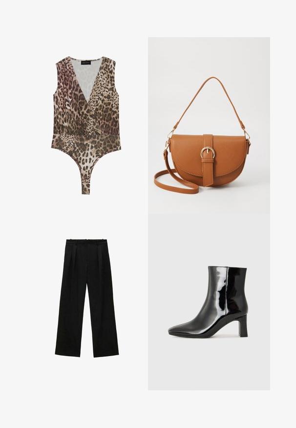 Leopard print bodysuit featuring a deep V-neck, sleeveless design, gathered waist, and a high-cut bottom in shades of brown and beige.; Black wide-leg trousers with pleats, featuring a smooth texture and a high waist design. Minimalist style, no visible hardware or embellishments.; Black patent leather ankle boot with a pointed toe and a mid-height block heel. Smooth texture and minimalist design.; Brown leather crossbody bag with a curved shape, gold hardware, and a buckle accent. Features a detachable shoulder strap.