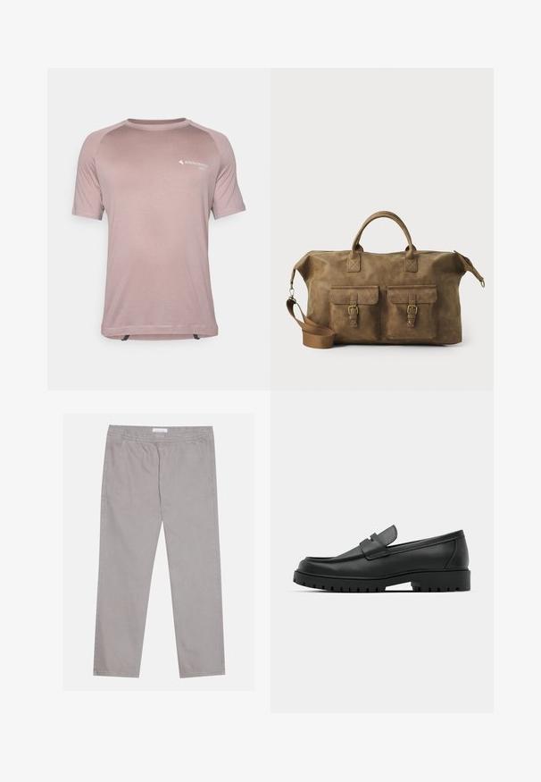 Jasnoróżowa koszulka techniczna z krótkim rękawem, wykonana z oddychającego materiału, z okrągłym dekoltem, kontrastowymi panelami na ramionach oraz nadrukiem logo.; Jasnoszare bawełniane spodnie z elastycznym paskiem w talii, dwoma bocznymi kieszeniami, prostym krojem nogawek i gładką fakturą. Proste detale przeszycia.; Czarne skórzane mokasyny z zaokrąglonym noskiem, posiadające przeszywany wzór, niską platformę oraz teksturowaną, gumową podeszwę z bieżnikiem.; Brązowa skórzana torba podróżna z dwiema przednimi kieszeniami, regulowanym paskiem na ramię, złotymi elementami i solidnymi uchwytami górnymi. Gładka textura.