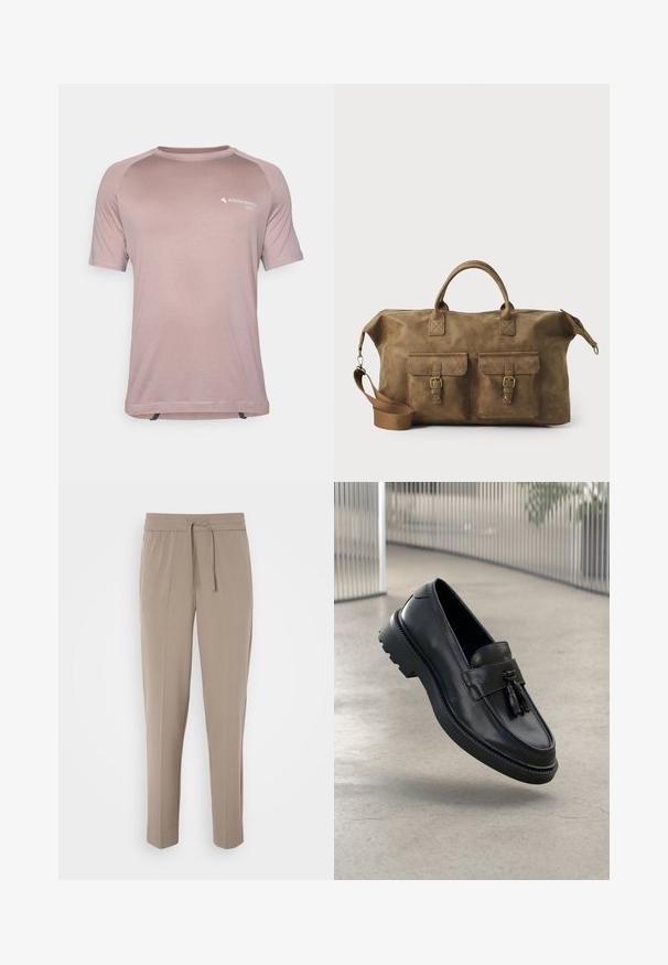 Šviesiai rožinė techninė marškinė su trumpomis rankovėmis, pagaminta iš kvėpuojančios medžiagos, su apvaliu kaklu, kontrastingomis petnešomis ir logotipo spauda.; Šviesiai beigės kelnės su elastiniu juosmeniu, reguliuojama raišteliu ir siaurėjantys kojomis. Audinys atrodo lygus su švelniu blizgesiu.; Juodi odiniai bateliai be užsegimo su lygiu paviršiumi, dekoratyvine kutu, stora guminė pado danga ir siūtais akcentais. Lengvi ir elegantiško dizaino.; Rudos odos kelioninis krepšys su dviem priekinių kišenių, reguliuojama petneša, auksinėmis detalėmis ir tvirtais viršiniais rankenomis. Lygus paviršius.