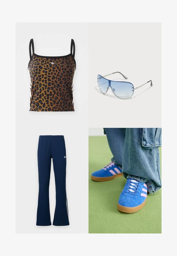 adidas Originals TANK - Viršus - multicolor; Tamsiai mėlynos spalvos siūluotos platėjančios sportinės kelnės su baltomis juostelėmis šonuose ir siuvinėta logotipu kairėje pusėje, turi dvi šonines kišenes.; Mėlyni zomšiniai bateliai su rožinėmis juostelėmis ir baltais raišteliais, turintys guminį padą, derinami su laisvais džinsiniais kelnais ant žalios paviršiaus.; Aviatoriai akiniai su gradientiniais mėlynais objektyvais, sidabriniu metaliniu rėmu ir dekoratyvinėmis žvaigždžių akcentais ant objektyvų. Lygaus ir stilingo dizaino.