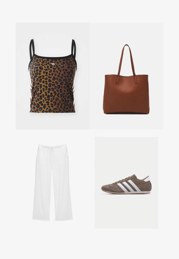 adidas Originals TANK - Top - multicolor; Pantaloni albi cu picioare largi, confecționați dintr-un material moale, având o talie elastică cu șnur și două buzunare laterale. Design simplu și curat.; Pantof pentru sport din suede maro, cu dungi albe, vârf rotund, design cu șireturi și talpă din cauciuc natural. Suprafață texturată cu detalii de cusătură.; Geantă de umăr din piele maro cu o textură netedă, design cu vârf deschis și două curele pentru umăr. Prezintă cusături minime și fără componente metalice vizibile.