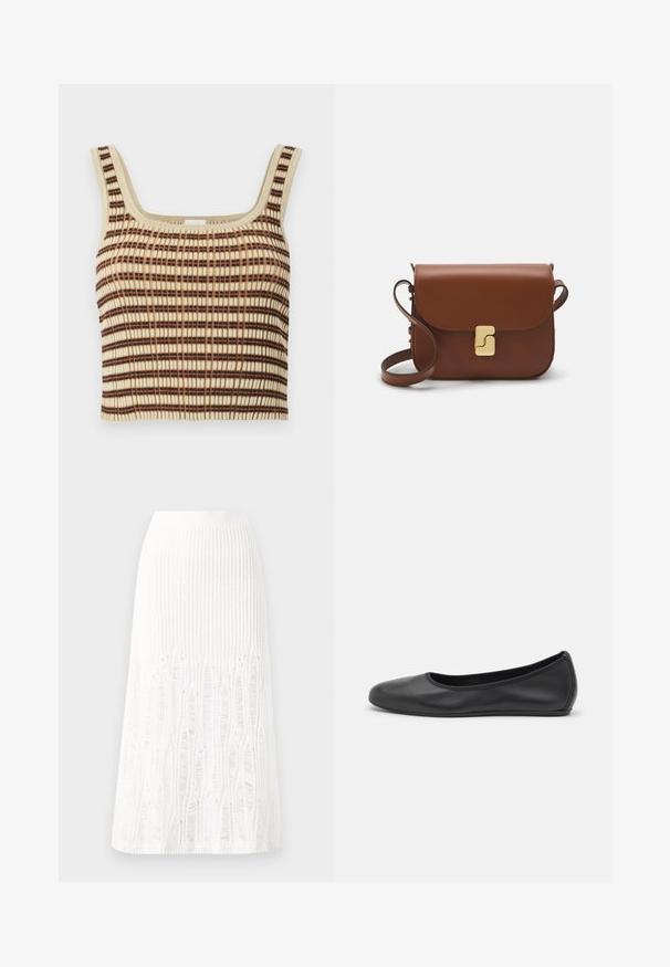 Ribbed, lühike tank top koorevärvi, millel on pruunid ja oranžid vertikaalsed triibud. Omab ruudukujulist kaelust ja laiu rihmasid toe tagamiseks.; Kootud valge midi seelik, millel on tekstuurine muster vertikaalsete joonte ja lõike-detailidega hemmi lähedal. Elastne vöökoht. Pehme materjal.; Musthave mustika tantsutossud mustast nahast, ümmarguse varbaga, siledast tekstuurist, minimaalse õmblusdetailiga ja paindliku tallakujundusega.; Pruunist nahast käekott, millel on klapiga sulgur, kuldne riistvara, õlarihm ja sile tekstuur. Kompaktne ristkülikukujuline vorm.