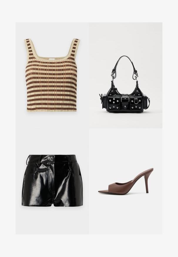 Ribbed, lühike tank top koorevärvi, millel on pruunid ja oranžid vertikaalsed triibud. Omab ruudukujulist kaelust ja laiu rihmasid toe tagamiseks.; Mustad, läikivad lühikesed püksid sünteetilisest materjalist. Omab kitsast piha, vöölõike ja esimesi taskuid, millel on silmapaistvad õmbluse detailid.; Pruunid nahast avatud varvastega kõrged kontsad, millel on stiilne disain, laia eesrihma ja peene stilettokontsaga.; Must värvi nahast käekott, millel on kaarjas disain, hõbedased nupukesed, kinnitusahe ja kaks külgtaskut. Reguleeritav rihm erinevate kandmisvõimaluste jaoks.