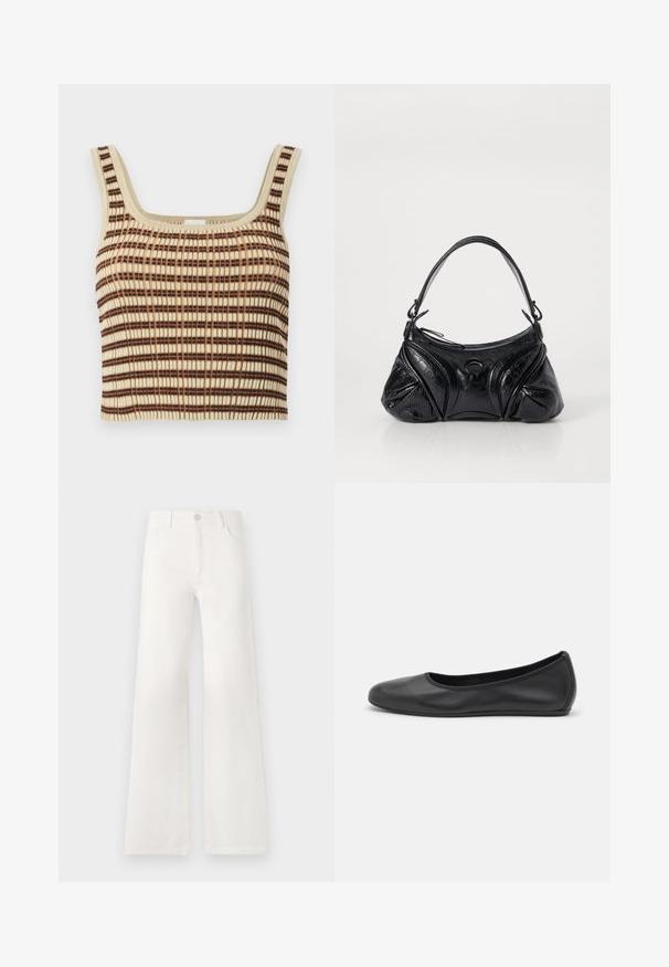 Ribbed, lühike tank top koorevärvi, millel on pruunid ja oranžid vertikaalsed triibud. Omab ruudukujulist kaelust ja laiu rihmasid toe tagamiseks.; Valged, kõrge vöökohaga laiad teksad, mis on valmistatud denimist. Omab nupuga sulgemist, kahte esimest taskut ja külgede õmbluste detailseid õmblusi.; Musthave mustika tantsutossud mustast nahast, ümmarguse varbaga, siledast tekstuurist, minimaalse õmblusdetailiga ja paindliku tallakujundusega.; Musta kott, mis on valmistatud tekstureeritud nahast ja omab ümarat kuju. Sellel on õhuke õlarihm ja dekoratiivsed reljeefmustrit.