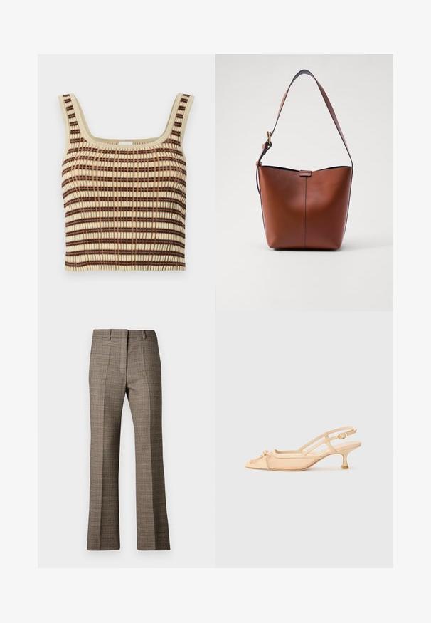 Ribota, īsā topiņa krēmkrāsā ar brunekļu un oranžiem vertikāliem svītrām. Tai ir kvadrātveida kakla izgriezums un plašas siksnas atbalstam.; Brūnas četrkrāsainas bikses ar taisnu kāju griezumu, kurām ir teksturēta auduma virsma un maigi beidzamās krāsas, izceļot beigu toni un tumšākas brūnas krāsas caur modeli.; Stuart Weitzman KITTY - Klasiski papēži - beige/barely beige; Brūna ādas plecu soma ar izliekta formu, gludu tekstūru un vienu plānu siksnu. Iekļauj subtilu šuvumu un mazu logotipa detaļu.