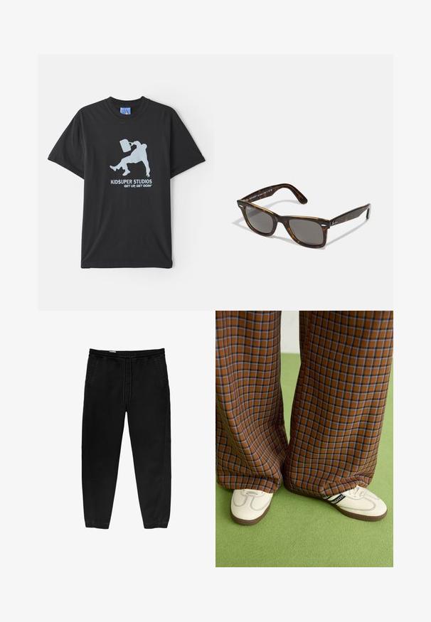 Czarna bawełniana koszulka z krótkim rękawem, z jasnoniebieską grafiką przedstawiającą osobę trzymającą teczkę oraz napisem "KIDSUPER STUDIOS GET UP, GET GOIN'".; Czarne spodnie z elastycznym paskiem i sznurkiem, zwężane nogawki, boczne kieszenie oraz subtelne detale szwów po bokach. Miękka bawełniana tkanina.; Brązowo-niebieskie spódnice w kratę o szerokich nogawkach zestawione z białymi butami z czarnymi akcentami i teksturowaną podeszwą, na tle zielonego tła.; Słoneczne okulary w kolorze żółwia z szarymi soczewkami i kwadratową oprawą, z metalowymi akcentami na zausznikach i logo w ramach projektu.