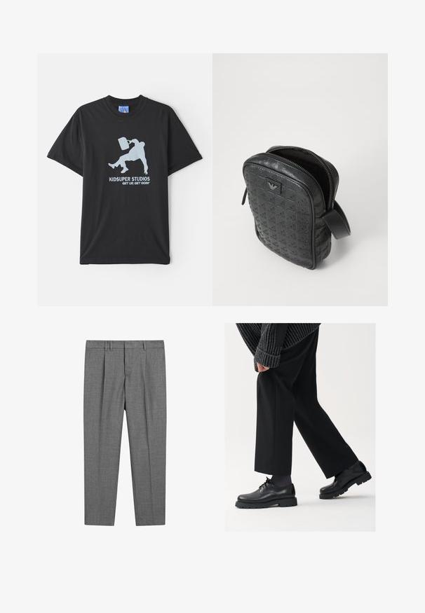 Schwarzes Baumwoll-T-Shirt mit kurzen Ärmeln, mit einem hellblauen Grafikdesign, das eine Person mit einem Aktentasche zeigt, sowie dem Text "KIDSUPER STUDIOS GET UP, GET GOIN'."; Grau maßgeschneiderte Hose mit strukturiertem Gewebe, flacher Vorderseite, gebügelten Beinen, Gürtelschlaufen und normalem Bund.; Schwarze Lederschuhe mit einer runden Spitze, Schnürdesign und dicker, strukturierter Sohle. Getragen mit maßgeschneiderten schwarzen Hosen und einem gerippten Pullover.; Schwarz, strukturiert, Lederhandtasche mit geometrischem Muster, rechteckiger Form, oberem Reißverschluss und kurzem Tragegriff. Verfügt über ein Logo-Patch auf der Vorderseite.; Timex-Armbanduhr mit silbernem Zifferblatt, schwarzen Stundenmarkierungen und Stahlgehäuse. Sie verfügt über ein strukturiertes schwarzes Lederarmband. Einfaches, elegantes Design.