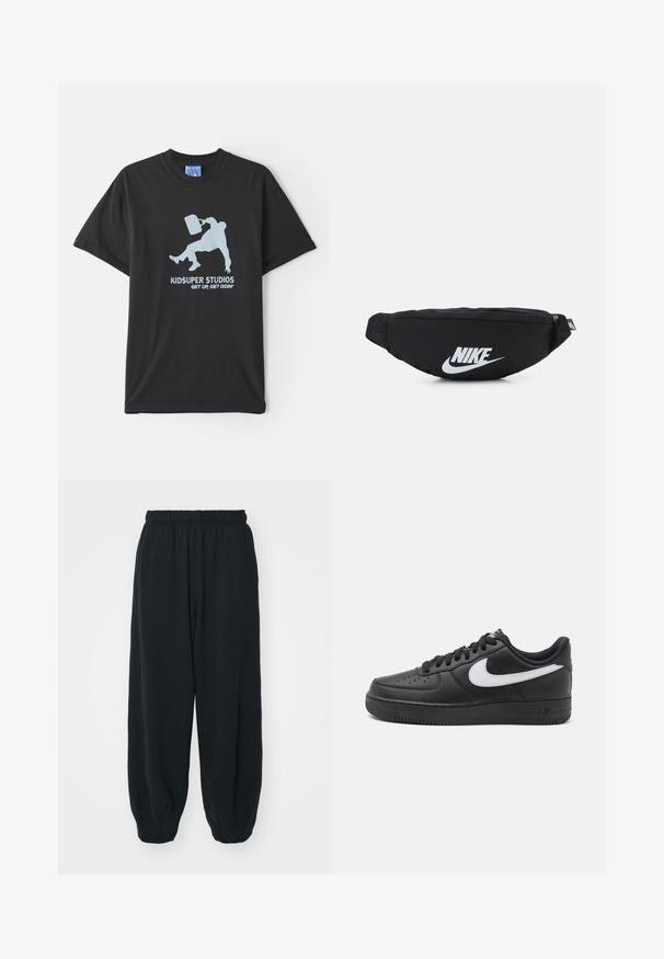T-shirt de algodão preta com mangas curtas, apresentando uma ilustração azul clara de uma pessoa segurando uma pasta e o texto "KIDSUPER STUDIOS GET UP, GET GOIN'."; Calças de fato de treino pretas, com cintura elástica e um corte solto, com punhos nas pernas, textura suave e sem padrões visíveis ou detalhes de metal.; Tenis Nike Air Force 1 pretos com parte superior em couro liso, detalhe do logo branco, bico perfurado e sola em borracha texturizada.; Mochila de cintura preta em nylon com fecho com zíper, apresentando um grande logótipo branco da Nike. Textura suave e design ergonómico para um uso confortável.