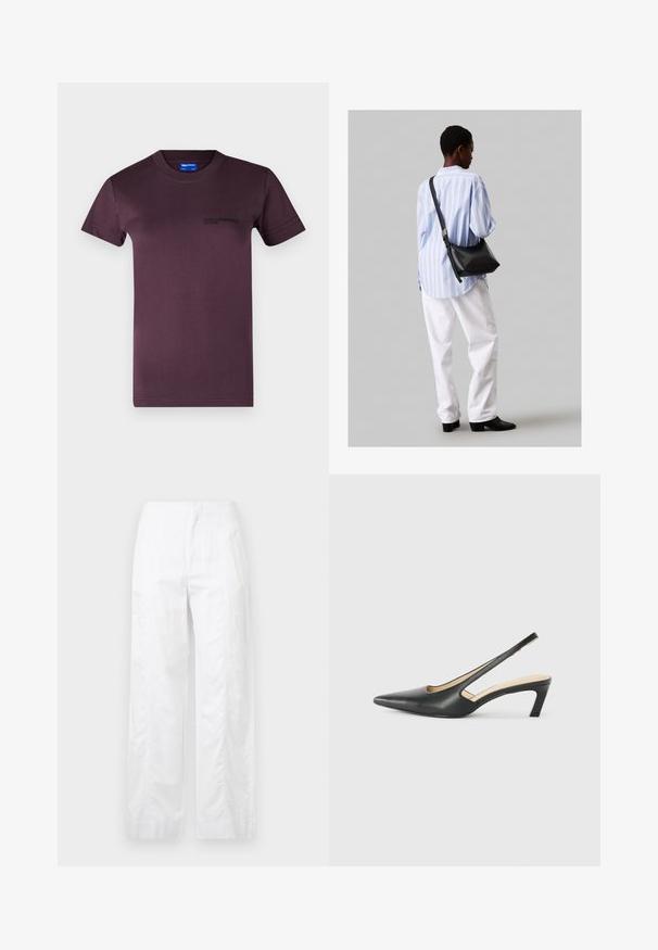 Tumši purpura kokvilnas T-krekls ar īsām piedurknēm, apaļu kakla izgriezumu un melnu apdruku kreisajā krūšu rajonā. Gluda tekstūra.; Baltas, plaša kāju bikses, izgatavotas no viegla auduma, ar gludu tekstūru, tīrām līnijām un augstu jostasvietu.; Melna, ar smailu purngalu, slingback kurpe ar zemu papēdi, izgatavota no gludas ādas materiāla un ar izgriezumiem sānos gaisa caurlaidībai.; Melna ādas plecu soma ar mīkstu tekstūru, trīsstūra formu un regulējamu siksnu, apvienota ar gaiši zilu svītrotu krekli un baltām biksēm.