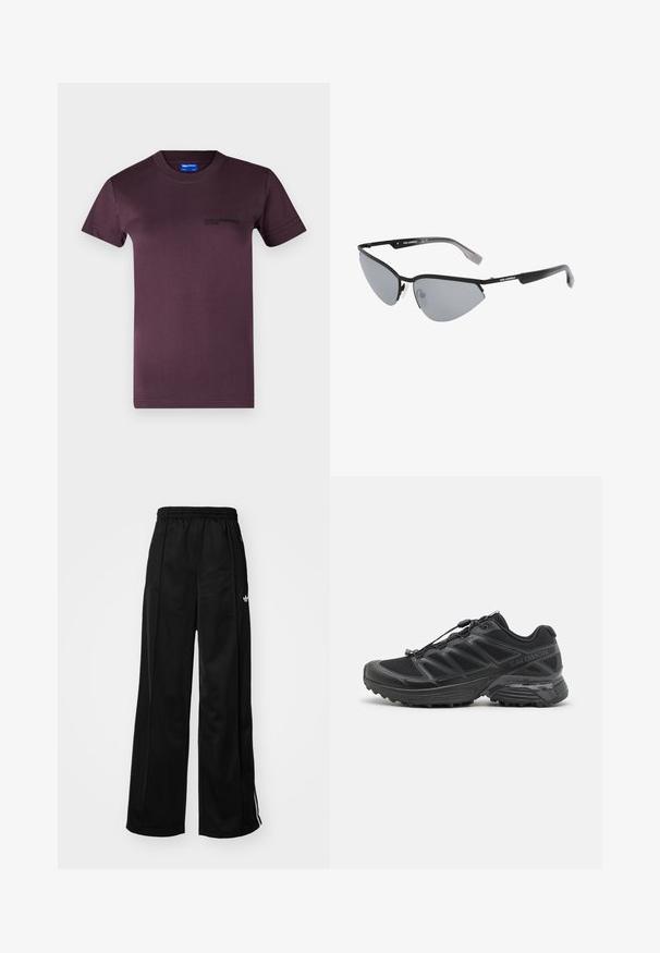 Sötét lila pamut póló rövid ujjakkal, kerek nyakkal, és fekete nyomtatott logóval a bal mellrészen. Simább textúra.; Fekete, bő szárú tréningnadrág, elasztikus derékkal, fehér oldalsávokkal és egy kis logóval a bal csípőn. Sima anyag textúrával.; Fekete futócipő hálós és szintetikus felsőrésszel, rugalmas talppal és elasztikus fűzőkkel. Párnázott középtalppal rendelkezik a kényelem érdekében.; Fekete napszemüveg éles, macska-szem kialakítással. Ezüst tükörlencsék. Karcsú, könnyű műanyag keret, diszkrét logóval a szárakon.