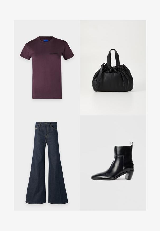 T-shirt din bumbac de culoare violet închis, cu mâneci scurte, gât rotund și un logo imprimat de culoare neagră în zona stângă a pieptului. Textură netedă.; Jeans negri închis, evazați, din denim, având talie înaltă, accente din fir auriu și două buzunare frontale cu închidere prin buton.; Cizme negre din piele până la gleznă, cu vârful ascuțit, toc geometric patrulat și un manșon pentru tragere în spate. Textură netedă și design elegant.; Geantă de mână din piele neagră cu un design cu partea superioară plisată, având două mânere scurte și o curea lungă ajustabilă. Textură netedă, formă rotunjită.