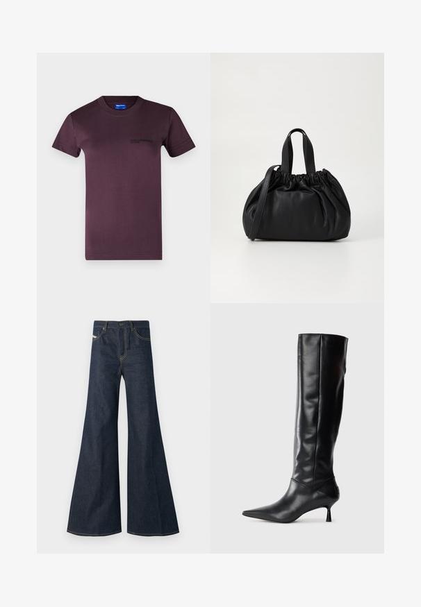 Tmavo fialové bavlnené tričko s krátkymi rukávmi, okrúhlym výstrihom a čiernym potlačeným logom na ľavej strane hrudníka. Hladká textura.; Tmavomodré zvonové džínsy vyrobené z denimu, s vysokým pásom, zlatými stehmi a dvoma bočnými vreckami so zapínaním na gombík.; Čierna kožená vysoká čižma po kolená s špicatou špičkou a štíhlym zakriveným opätkom. Hladká textúra, priliehajúci dizajn a žiadne viditeľné kovanie alebo vzory.; Čierna kožená kabelka so zberaným vrchom, s dvoma krátkymi držadlami a dlhým nastaviteľným popruhom. Hladká textura, zaoblený tvar.