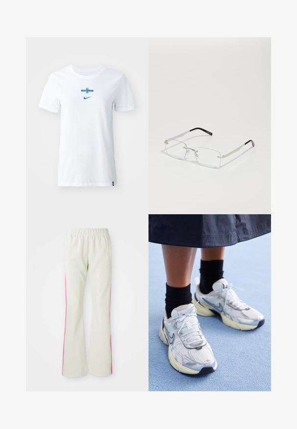 Balta medvilninė marškinėliai su mėlynu grafiniu raštu, kuriame užrašyta "ENG" ir horizontalus dizaino elementas, taip pat mėlynas Nike logotipas priekyje.; Šviesiai smėlio spalvos kelnės su elastinga juosmens juosta, turinčios rožinius šoninius panelius ir šonines kišenes. Lygi tekstūra su tiesiomis kojomis.; Balti ir sidabriniai Nike sportbačiai su tinkline medžiaga, atspindinčiais akcentais ir smėlio spalvos padu. Dėvimi su juodomis kojinėmis, stovint ant mėlynos paviršiaus.; Stačiakampiai akinių lęšiai su plonu sidabriniu metaliniu rėmu ir juodais acetato galiukais. Išskirtinai minimalus dizainas su nedideliu aparatūros kiekiu.