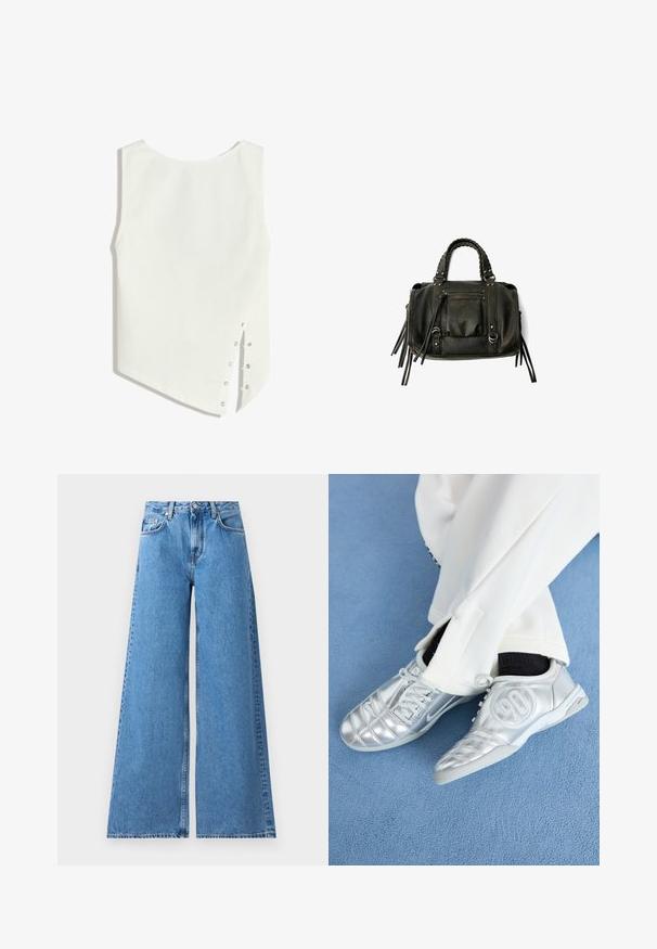 Biela bezrúšková blúzka s okrúhlym výstrihom, asymetrickým lemom a patentkami na boku na zapínanie. Hladká, ľahká tkanina.; Široké modré denimové džínsy s vysokým pásom, ktoré majú klasický dizajn s piatimi vreckami a švy pozdĺž strán pre dodatočný detail.; Strieborné atletické topánky s hladkým, lesklým povrchom, zdobené prešitím a číslom 90 na boku, skombinované s bielymi nohavicami.; Čierna kožená kabelka s vrkočovými uchami, zipsovou kapsou a zavesenými strapcami. Textúrovaný povrch s kovovými cvokmi a akcentmi z kovu.