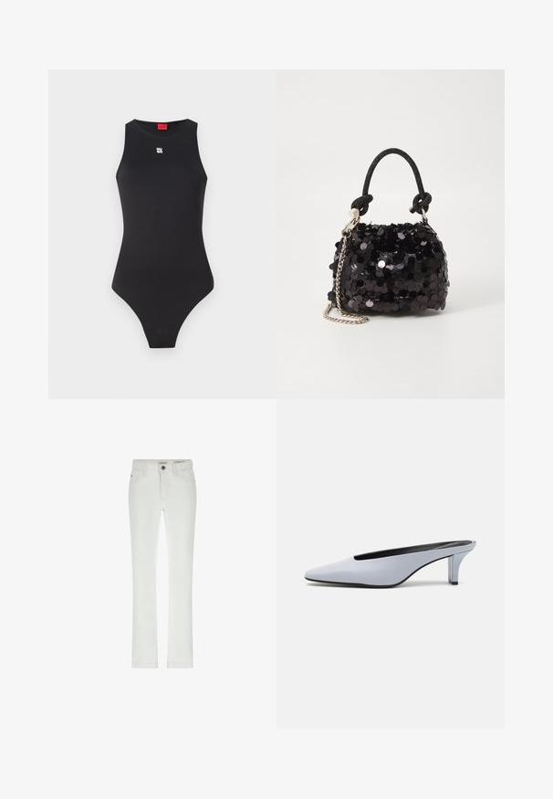 Černý body s bezrukávovým designem, vyrobený z hladkého materiálu. Obsahuje malé bílé logo na hrudi a vysoký výřez na nohou.; Bílé džíny s úzkým střihem, designem se 5 kapsami a kontrastním šitím. Obsahují zapínání na knoflík a subtílní značkovou etiketu na pase.; Světle modrý lakovaný kožený mule s špičatou špičkou, nízkým transparentním podpatkem a štíhlým designem s výřezem na nártu.; Černá mini kabelka s flitry, s uzlovým texturovaným popruhem a stříbrným řetízkem. Zaoblený tvar s nařaseným vrchem a reflexními detaily.