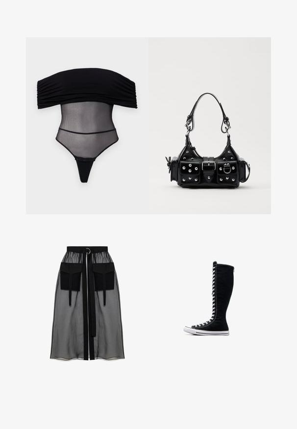 Undress Code Linne - black; Svart genomskinlig kjol med en rynkad midja, utrustad med två stora framfickor, ett midjesnöre och en cirkulär metallaccent.; Svarta högskaftade sneakers med en hög design, tillverkade av kanvas. Har vita snören, sömmar och en gummisula med en tåskydd.; Svart läderhandväska med en kurvad design, prydd med silverfärgade nitar, ett spänne och två sidofickor. Justerbar rem för olika bäralternativ.