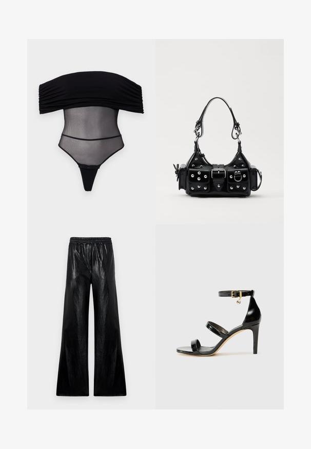 Undress Code Top - black; Pantaloni a gamba larga realizzati in un materiale nero lucido con una vita elastica. Il tessuto presenta una texture liscia e una leggera lucentezza.; Sandalo in pelle verniciata nera con tre cinturini, fibbia alla caviglia e tacco a stiletto di 10 cm. Presenta dettagli in hardware dorato e un charm con logo.; Borsa a mano in pelle nera con design curvo, caratterizzata da borchie argentate, una fibbia e due tasche laterali. Tracolla regolabile per diverse opzioni di trasporto.
