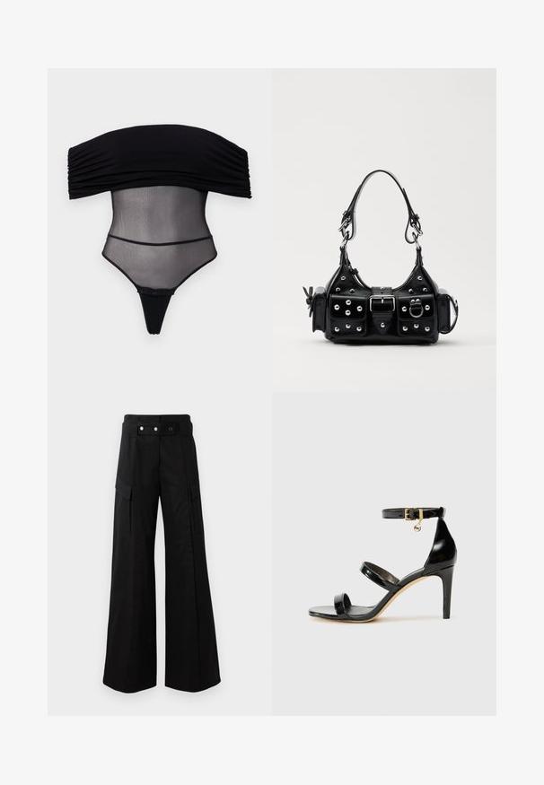 Undress Code Débardeur - black; Pantalons larges noirs avec une taille haute, dotés de grandes poches latérales, de deux boutons à l'avant et d'un détail en boucle. Fabriqués en tissu résistant.; Sandale en cuir verni noir avec trois brides, boucle de cheville et talon aiguille de 10 cm. Présente un détail en métal doré et un charm logo.; Sac à main en cuir noir au design courbé, avec des clous en argent, une boucle et deux poches latérales. Bandoulière réglable pour différentes options de transport.