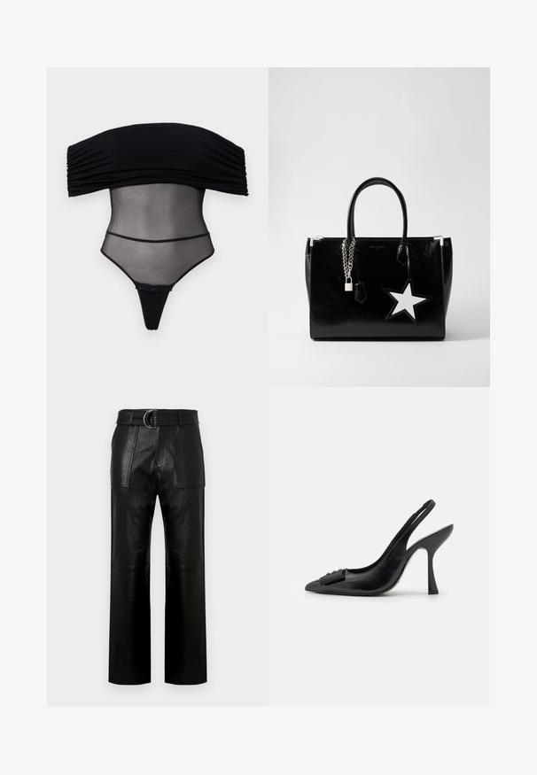 Undress Code Top - black; Pantaloni in pelle nera a vita alta con gambe ampie, grandi tasche anteriori a toppa e una cintura coordinata con fibbia a doppio anello.; Scarpa a slingback nera in pelle con punta affilata, tacco alto e sottile, e un accentuato adorabile fiocco decorativo. Texture liscia e design elegante.; Borsa a tracolla in pelle verniciata nera con una forma elegante. Presenta accessori in metallo argentato, un lucchetto e un accento a forma di stella bianca sul lato.