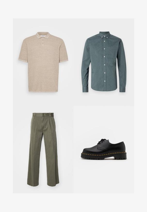 Beiger Poloshirt mit kurzen Ärmeln, strukturiertem Stoff, Knopfleiste mit zwei Knöpfen und weichem Kragen. Einfaches Design, keine sichtbaren Muster oder Akzente.; Hemd mit Knöpfen in dunklem Blaugrün, langen Ärmeln, button-down Kragen, einer Brusttasche, mit weißen Knöpfen und einem strukturierten Stoff.; Olivgrüne Hose mit einem lockeren, weit geschnittenen Design und vorderen Falten. Hergestellt aus strukturiertem Stoff mit einem normalen Bund und ohne sichtbare Beschläge.; Schwarze Leder Schnürschuhe mit runder Spitze, strukturiertem Gummisohle und gelben Nähten um den Rand. Flaches Design und glatte Oberfläche.